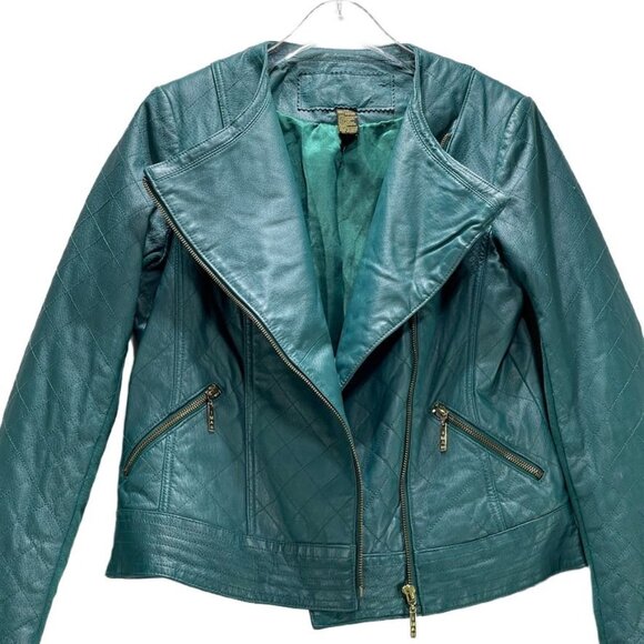 Iman Teal Leather Asymmetrical Moto Jacket XS Zipper Pockets Womens Size Small - Picture 13 of 13